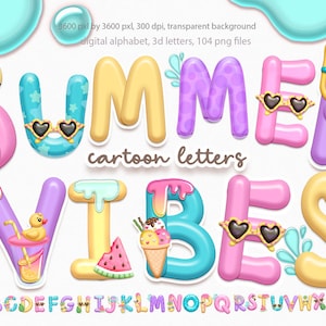 Ciao lettere estive, alfabeto vibrazioni estive, clipart festa in piscina, lettere doodle, download digitale.