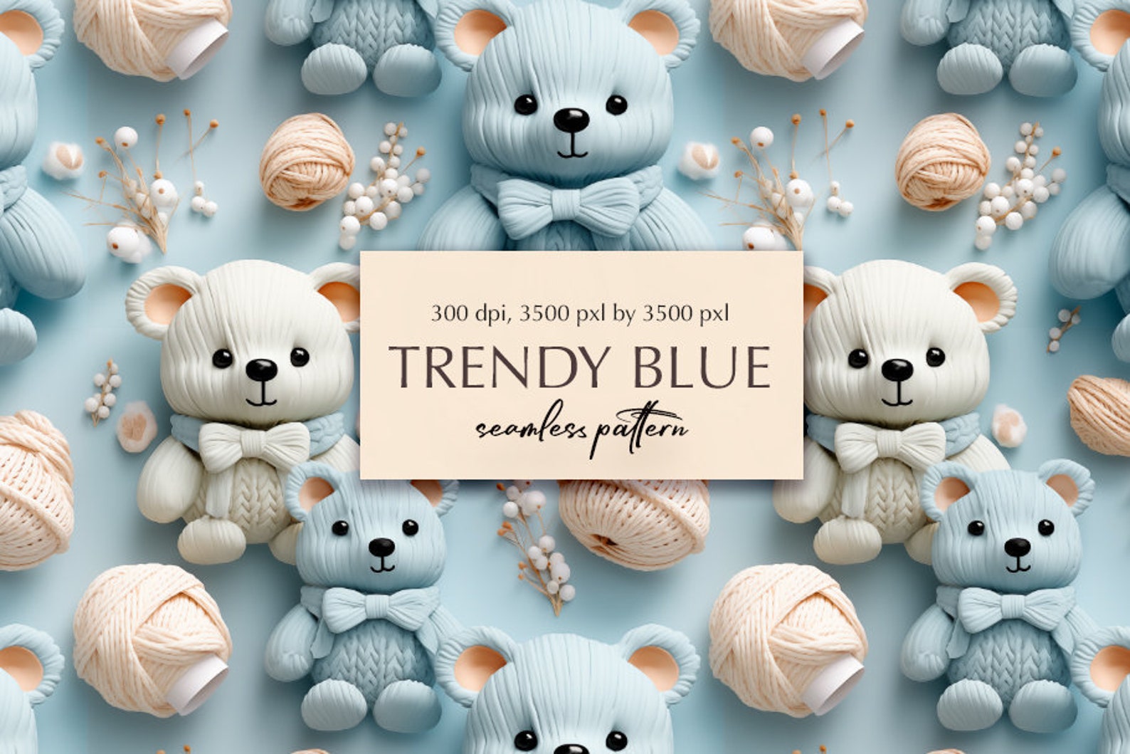 Teddy Bear Seamless Pattern, 3d Blue Digital Papers, DIGITAL DOWNLOAD ...