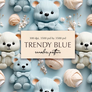 Wzór bez szwu Miś Teddy, papiery cyfrowe 3D Blue, POBIERANIE CYFROWE