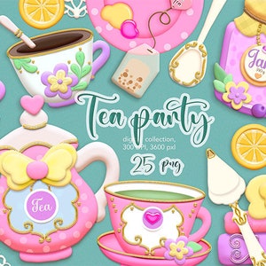 Puede incluir: Una colección de 25 ilustraciones digitales de elementos de fiesta del té, que incluyen tazas de té, tetera, bolsita de té, tarro de mermelada, rodajas de limón y una cuchara. Las ilustraciones están en un estilo de dibujos animados con colores pastel y detalles dorados. El texto "Tea Party" está escrito en una fuente decorativa.