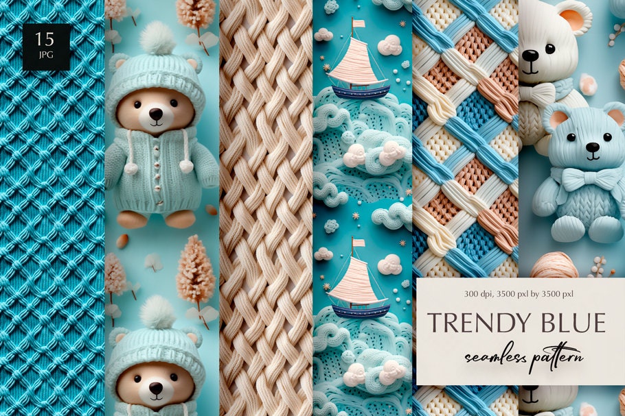 Teddy Bear Seamless Pattern, 3d Blue Digital Papers, DIGITAL DOWNLOAD ...