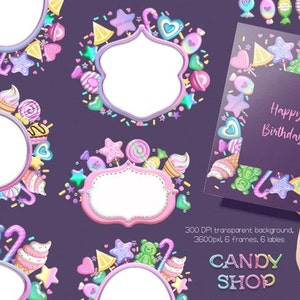 May include: Six colorful frames decorated with candy, sprinkles, and stars. The frames are perfect for adding a sweet touch to your birthday party decorations. The text "Happy Birthday" is visible in one of the frames.