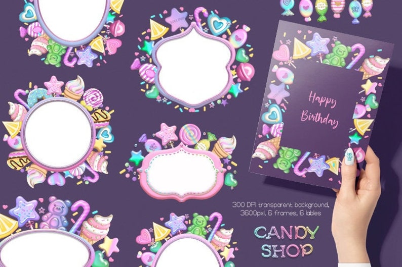 May include: Six colorful frames decorated with candy, sprinkles, and stars. The frames are perfect for adding a sweet touch to your birthday party decorations. The text "Happy Birthday" is visible in one of the frames.
