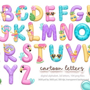 May include: A colorful alphabet with summer-themed illustrations. Each letter is a different color and features a unique design, such as a watermelon, ice cream cone, or sunglasses. The letters are 3D and have a cartoon style. The text "cartoon letters" is at the bottom of the image.