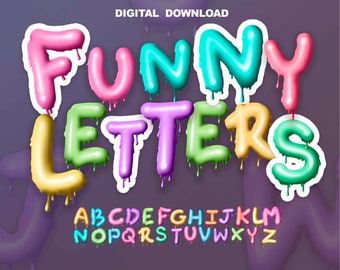 以下が含まれることがあります： 漫画風の滴る文字で書かれたカラフルなアルファベットフォント。文字はピンク、ブルー、グリーン、イエロー、パープルなど、さまざまな色で書かれています。フォント名は「Funny Letters」です。