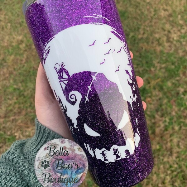 Customized Nightmare Before Christmas Purple Tumbler, Koozie, 20 oz Glitter Tumbler, 30 oz Glitter Tumbler, Epoxy Cup