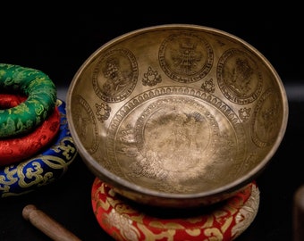 Handmade 10" Tibetan Singing Bowl: Eight Lucky Symbols, Meditation Healing
