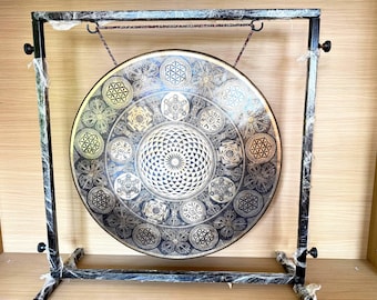 Extra Large Flower of Life Tibetan Gong, Handmade Sound Healing Bell for Yoga Meditation