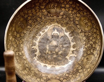 12インチの仏足彫刻シンギングボウル - チベットの超高級