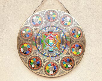 Handmade Colorful Mandala Gong with Stand, Meditation Bell for Sound Healing, Yoga Practice, Décor, and Relaxation