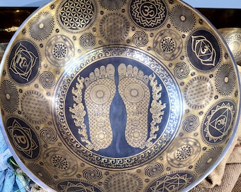 Extra Large Buddha Foot Singing Bowl: Hand-Carved Sacred Geometry, Chakra Healing