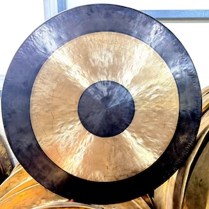 Black and Yellow Fancy Tibetan Gong Bell – Available in Optimal Sizes with Superior Sound Quality – Expertly Crafted by Skilled Artisans