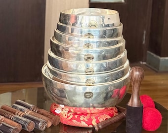 Handcrafted Seven-Chakra Singing Bowl Set – Silver-Plated, Blessed in Nepal