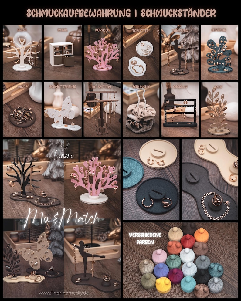 Puede incluir: Una colecci&oacute;n de organizadores de joyas en varios estilos y colores. La imagen muestra dise&ntilde;os en forma de coral, &aacute;rbol y independientes, junto con porta anillos y bandejas. Tambi&eacute;n se ven los textos "Mix & Match" y "Verschiedene Farben".