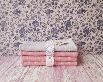 Pink or gray double gauze handkerchiefs, soft cotton handkerchiefs, flower pattern handkerchiefs, square tissue, zero waste , set of two