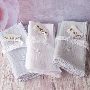 Handkerchiefs embroidered with bird motifs, Handkerchiefs in double gauze fabric, Washable  handkerchiefs, Zero waste handkerchiefs