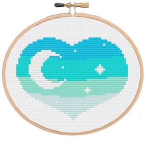 Heart-shaped Crescent Moon with Stars Cross Stitch PDF Pattern, Night Sky, Instant Download, Embroidery Pattern, Beginner, Home Decor