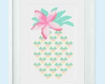 Pineapple with Tropical Flower Cross Stitch PDF Pattern, Hearts, Hawaiian Flower, Exotic Plumeria, Frangipani, Fruit, Home Decor