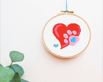 Paw Print Heart Cross Stitch PDF Pattern, Dog, Cat, Animal, Cross Stitch, Beginner Cross Stitch, Digital, Instant Download, Home Decor