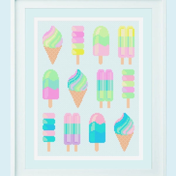 Mini Ice Cream and Popsicle Sampler Cross Stitch PDF Pattern, Lollies, Dessert Embroidery, Sweets, Food, Kitchen, Digital, Instant Download