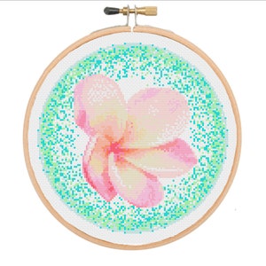 Tropical Frangipani in Aquamarine Charm Cross Stitch PDF Pattern, Plumeria, Hawaiian Flower, Tropical, Exotic, Cute Embroidery, Home Decor