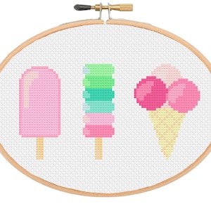 Postres de helado Patrón PDF punto de cruz, Punto de cruz de paletas, Punto de cruz de verano, Lindo, Bordado de dulces, Principiante, Decoración del hogar