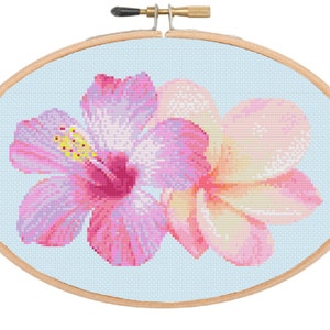 Hibiscus and Plumeria Cross Stitch PDF Pattern, Frangipani, Hawaiian Flowers, Exotic, Tropical, Digital, Instant Download, Home Decor