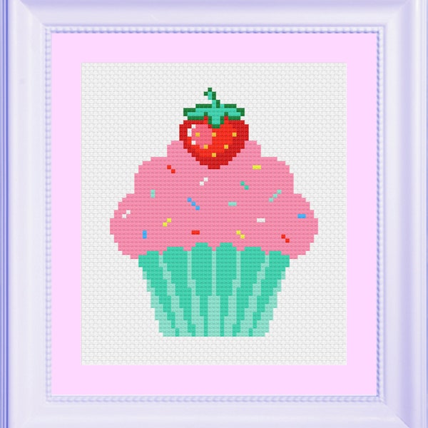 Strawberry Cupcake Cross Stitch PDF Pattern, Dessert Cross Stitch, Sweets, Instant Download, Kitchen, Beginner, Home Decor