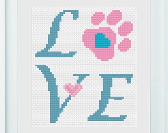 May include: Cross stitch pattern featuring the word "LOVE" with a pink paw print and a heart in the "O".