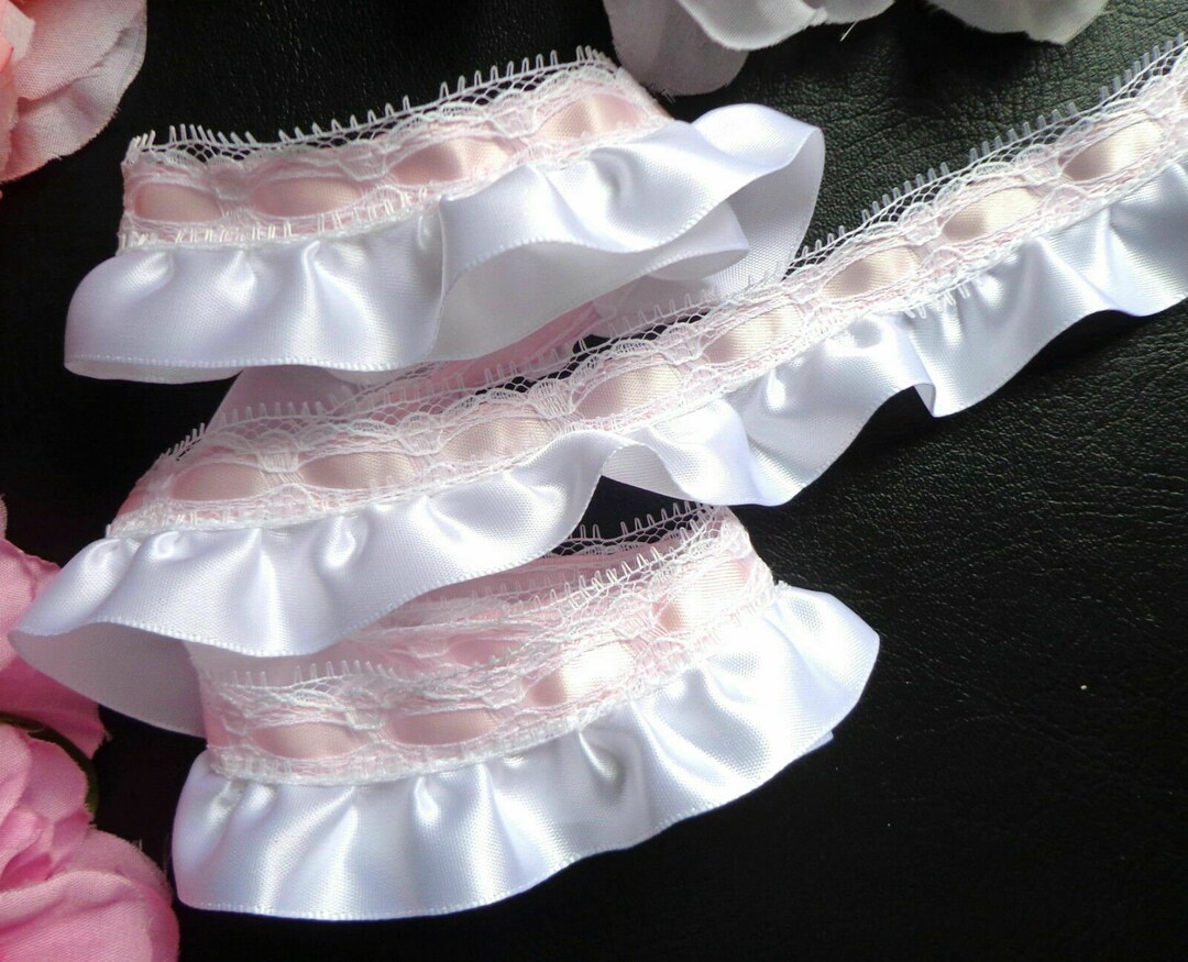 Ruffled Ribbon With Ribbon, 1+1/4 Inch Wide White/pink Color Selling by ...