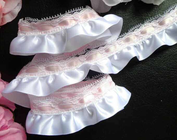 Ruffled Ribbon With Ribbon, 1+1/4 Inch Wide White/pink Color Selling by ...