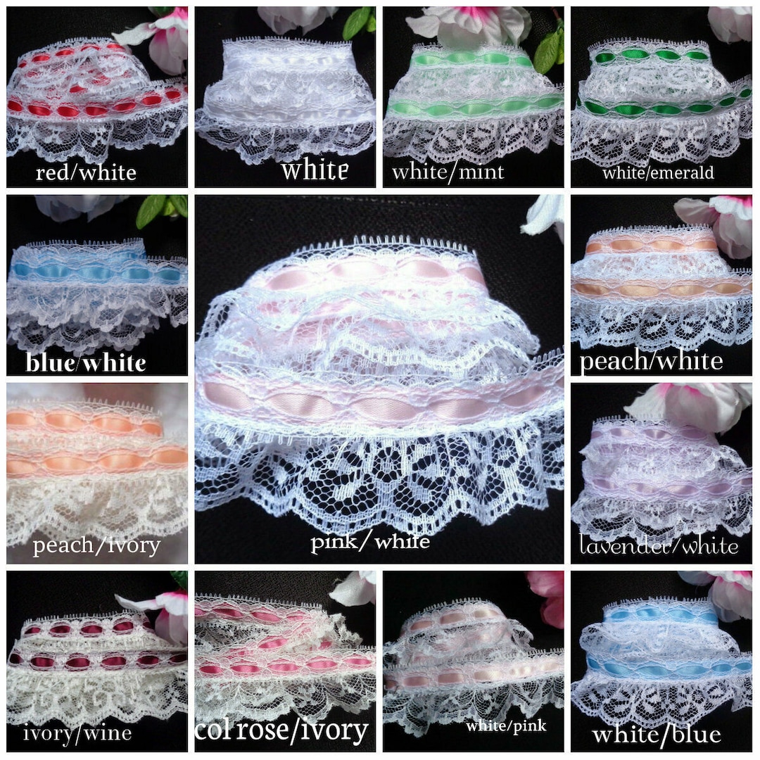 Multi Colored Ruffles Lace Ruffled Lace With Ribbon, 1+3/4 Inch Color Price for 1 Yard Select ...