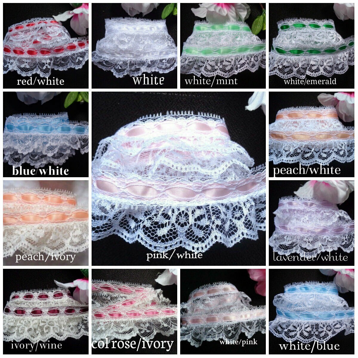 Lace Ruffles Design Ruffled Lace With Ribbon, 1+3/4 Inch Color Price for 1 Yard Select ...