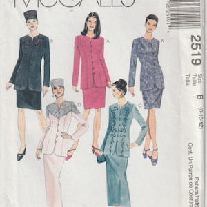 May include: A sewing pattern for a women's suit with a jacket and skirt. The pattern includes four different styles, each with a different color and design. The pattern is for sizes 8-10-12. The pattern is called McCall's 2519.