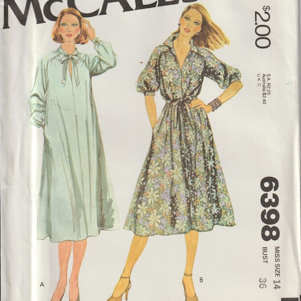 Vtg 70's McCall's 6398 Misses Loose Fitting Pullover Dress  Side Seam Pockets Tie Belt Sewing Pattern Size 14 UNCUT FF