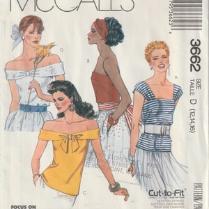 Vintage 80&#39;s McCall&#39;s 3662 Misses Tops , Slightly Fitted, Off Shoulder, Shoulder Straps, Stretch Knits Size 12 14 16 UNCUT