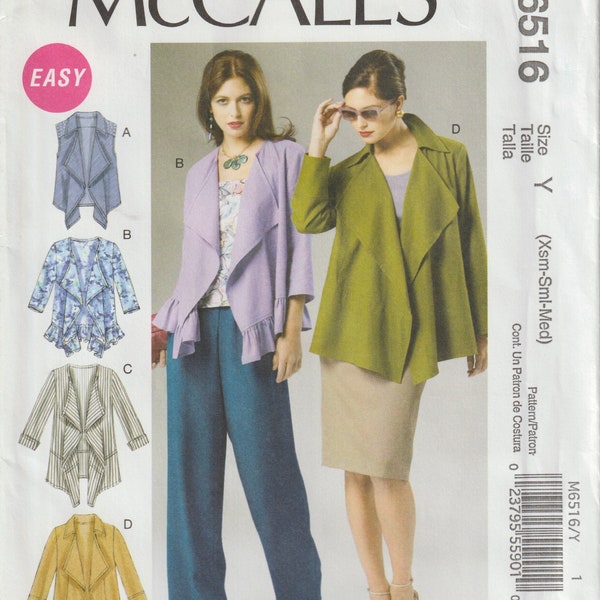 Misses' Unlined Cascade Drape Vest & Jackets McCall's 6516 Sewing Pattern UNCUT Sizes XS-S-M (4-14), M6516