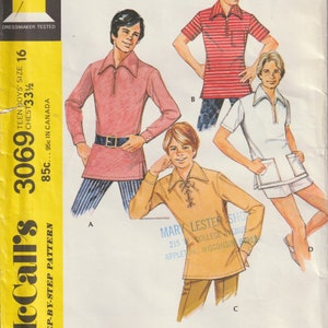May include: Vintage McCall's sewing pattern for teen boys' shirts. The pattern features illustrations of four shirt designs, including a red striped polo, a pink tunic with a belt, and a white shirt with shorts. Size 16, chest 85 cm.