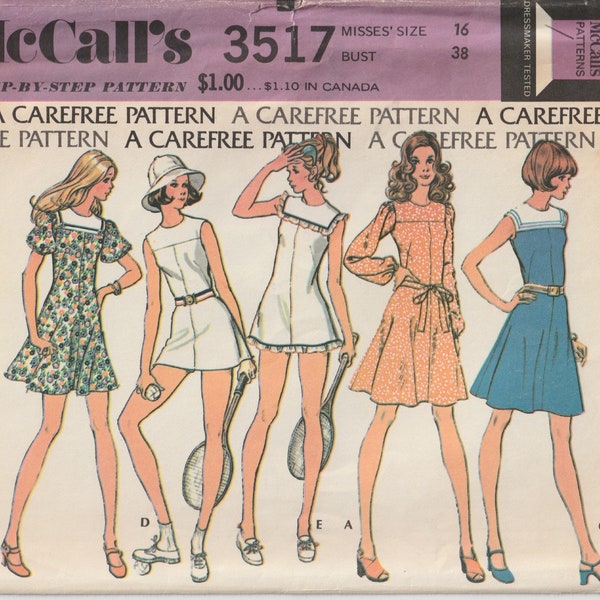 McCall's 3517 Misses Tennis Dress Or Dress Yoked Back Sleeve Variations 1970's Sewing Pattern Size 18 B38 UNCUT FF