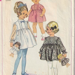 Vtg 60&#39;s Simplicity 7967 Child&#39;s Girl Dress, Doll and Doll&#39;s Dresses Round Neckline Front Pleat & Tucks Size 4 Or