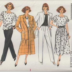 May include: A sewing pattern for four different outfits. The pattern includes a plaid jacket, a skirt and top set, a pair of pants and a top, and a dress. The pattern is from Butterick and is for sizes 14-16-18.