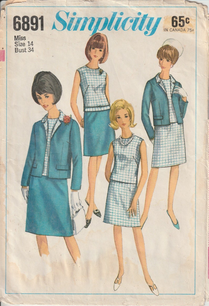 Simplicity 6891 Misses Lined Jacket Sleeveless Collarless Blouse & A-line Skirt Vintage 60's Sewing Pattern Size 14 B34 Cut Complete image 1