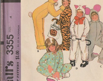 Vintage 1970's Boys & Girls Animal Costume Jumpsuit with Detachable Hood McCall 3355 Sewing Pattern Size 4 UNCUT