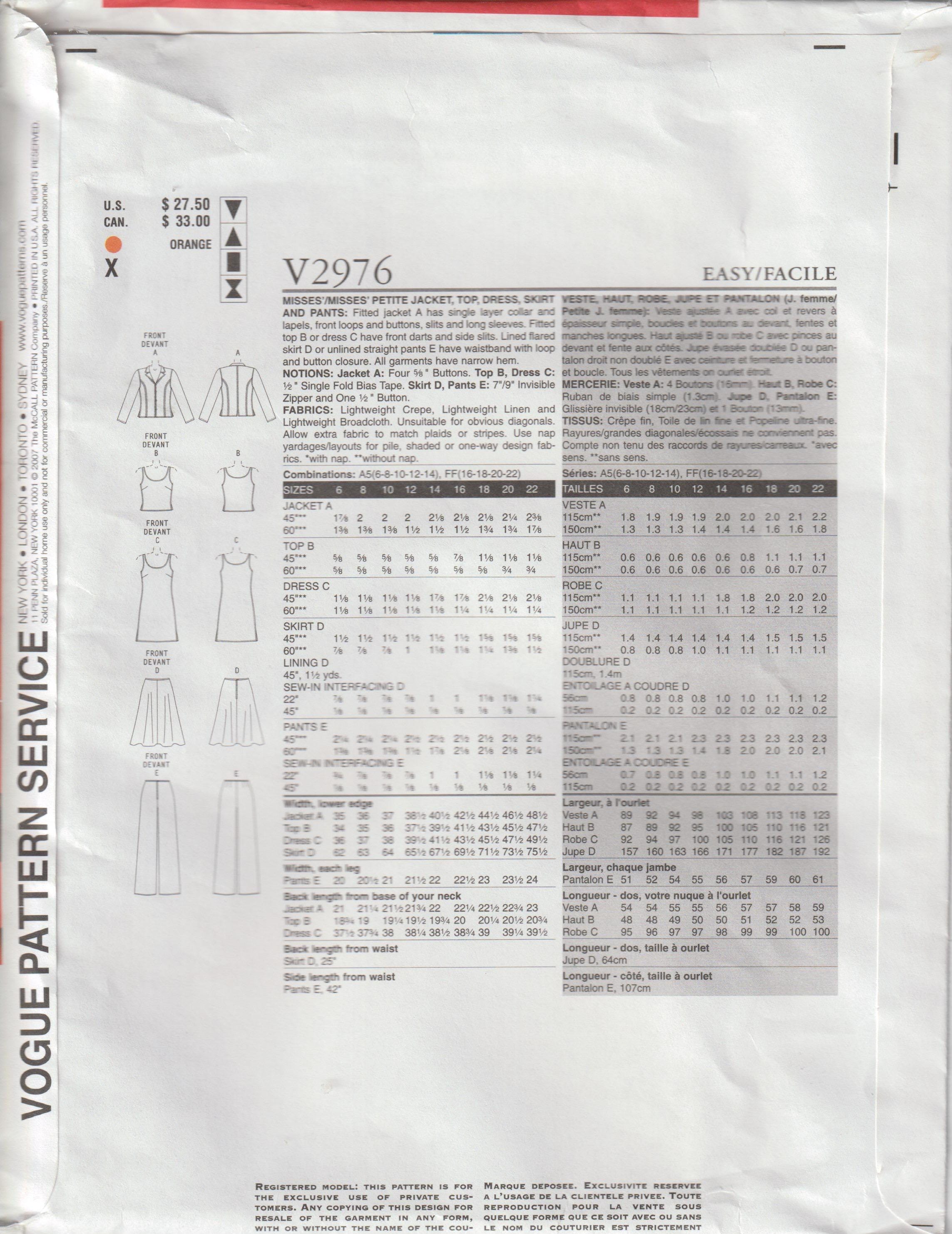 Vogue Wardrobe 2976 Misses Sewing Pattern Sizes 16 18 20 UNCUT FF - Etsy