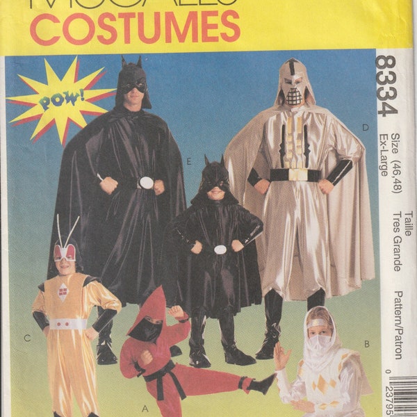 UNCUT Adult Mens Super Hero Costume Batman Ninja Cape Jumpsuit Shield Mask McCall's 8334 Sewing Pattern XL Chest Size 46 48