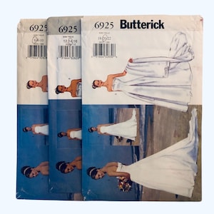 May include: Three vintage Butterick sewing patterns for wedding dresses. Each pattern features a different size range, with the largest being sizes 18-20/22. The covers display a bride in a strapless gown with a flowing skirt.