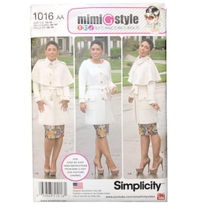 May include: A Simplicity sewing pattern packet showing a white coat with a cape and a floral skirt. The packet includes the Mimi G Style logo and the text "Buy it, Make it, Mix it, Rock it". The pattern size is Euro 36-44.
