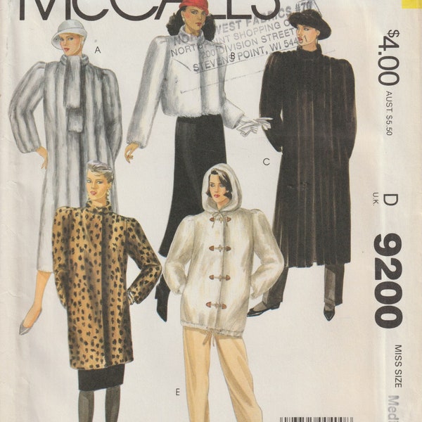 McCall's 9200 Misses Lined Coat Or Hooded Drawstring Jacket Crop Jacket Fake Fur Only 1980's Sewing Pattern Size Medium 14 16 UNCUT