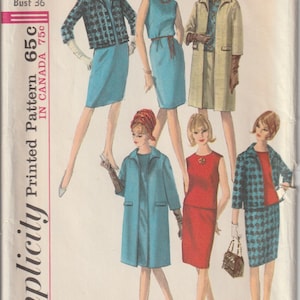 May include: Simplicity sewing pattern number 6197 for a dress with a jacket. The pattern is for a miss, size 16, bust 36. The pattern is printed and costs 65 cents. The image shows five different models wearing the dress and jacket in various colors and styles.