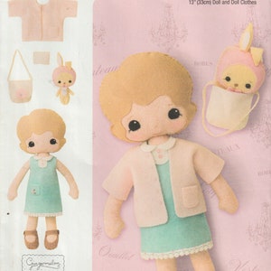 May include: Simplicity sewing pattern number 1678 for a 33 cm doll and doll clothes. The pattern includes a pink and white dress, a pink jacket, a white dress, a pink and white bunny doll, and a white bag with a pink flower.